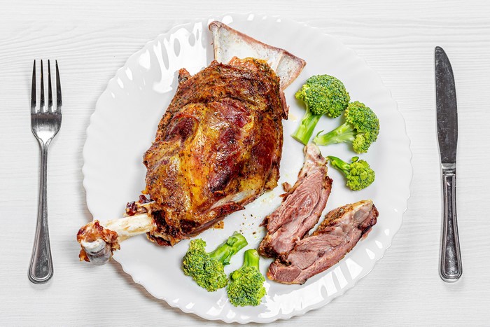 Roasted Lamb Leg with Broccoli on a Plate