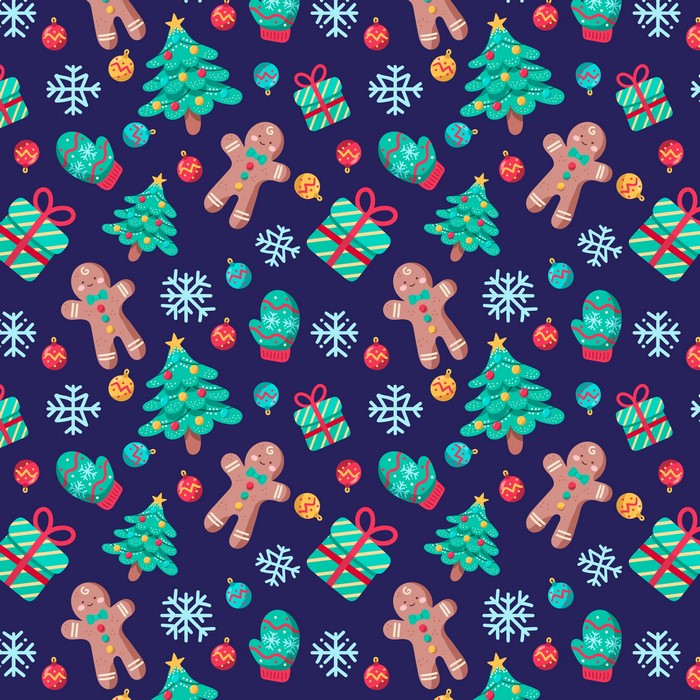 Christmas pattern with gingerbread men, trees, gifts, and snowflakes