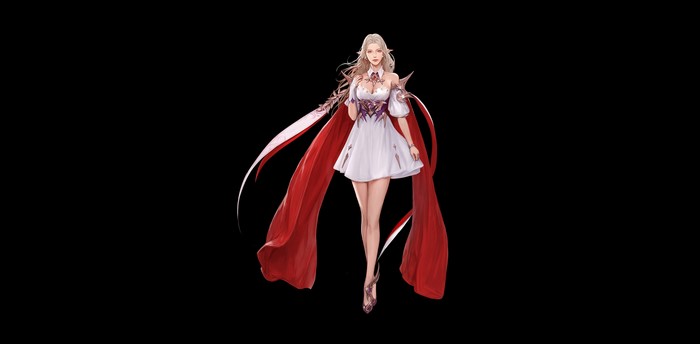 Elf woman in white dress with red cape