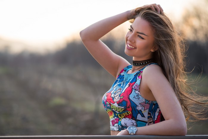 Woman with comic book style top and choker