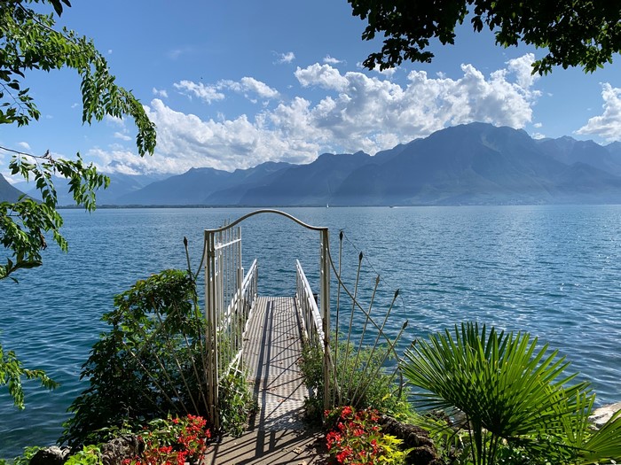 Pier and Mountains over Lake Geneva, Switzerland