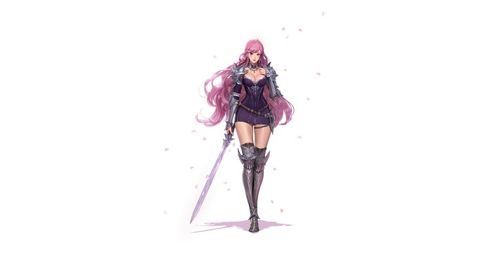 Warrior with pink hair and sword on white background