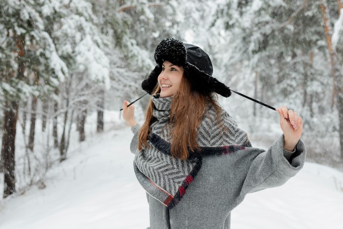 Woman in winter hat and coat in snowy forest