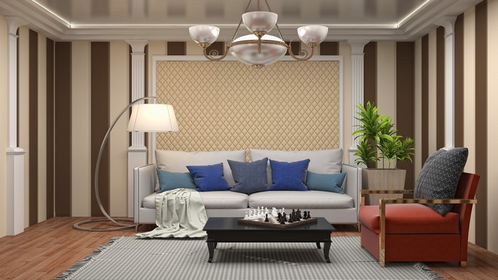 Living room with sofa, armchair, coffee table, and chess set