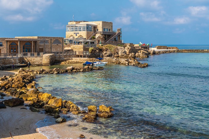 4K Caesarea Israel Coastline with Stone Buildings