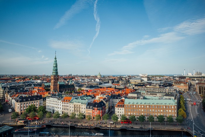 Aerial view of Copenhagen, Denmark with canal and buildings