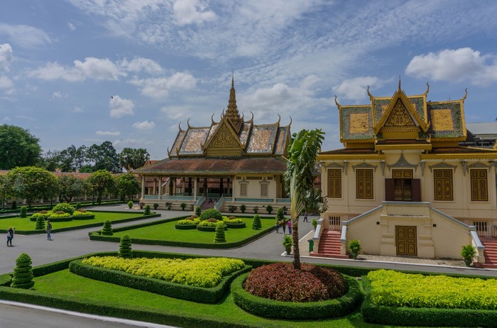 Royal Palace Complex in Phnom Penh, Cambodia with manicured gardens