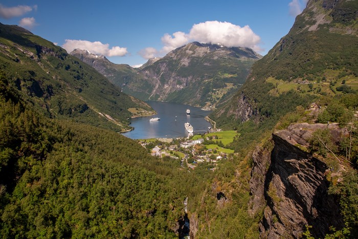Geirangerfjord, Norway with Cruise Ships and Mountains
