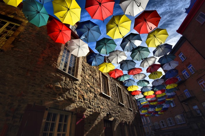 Colorful umbrellas over a street in Quebec, Canada