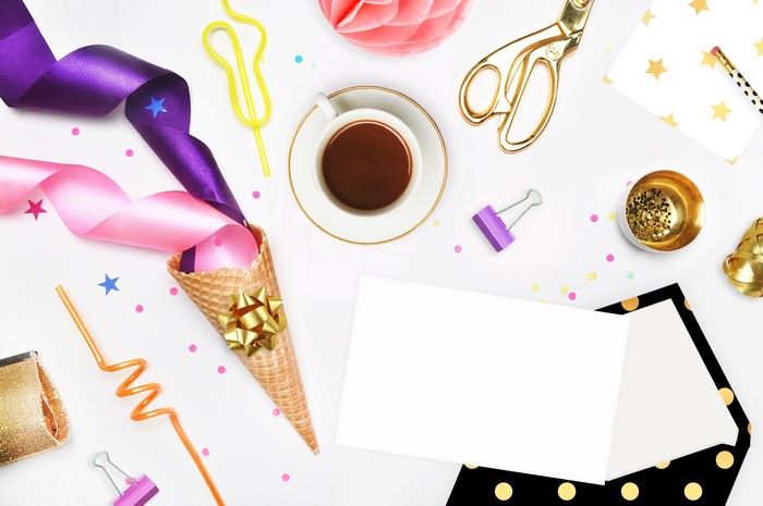 Party supplies with coffee and greeting card