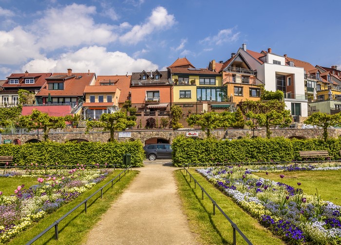 Colorful houses on a hill in Waren, Germany
