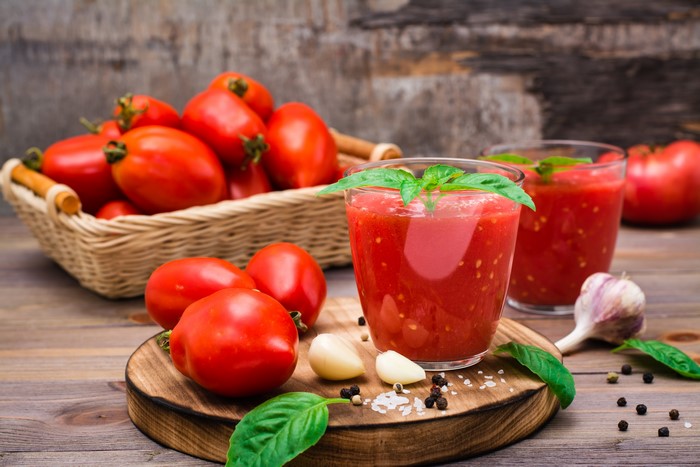 Tomatoes, Garlic, Basil, and Tomato Juice in Glasses