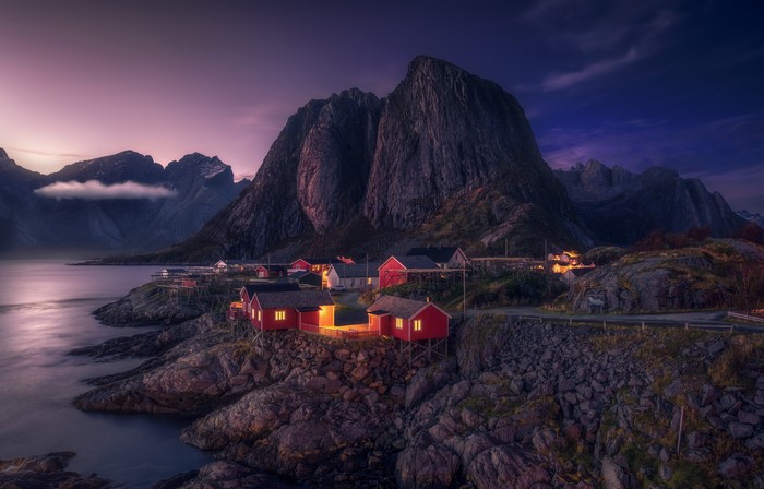 Norway Lofoten Mountains Evening Houses Coast Bay