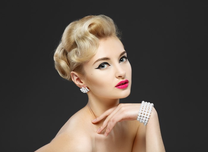 4K Portrait of Elegant Blonde Woman with Pearl Jewelry