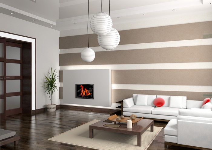 Modern Living Room with Fireplace and Chandelier