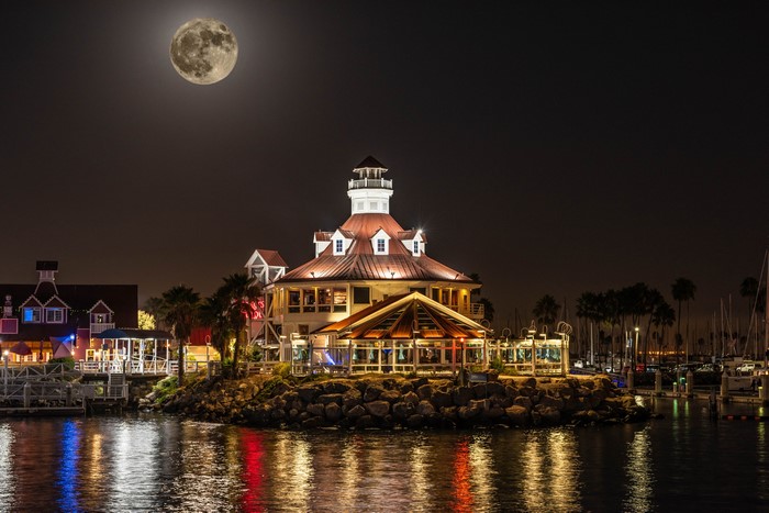 Shoreline Village Long Beach California at Night with Moon
