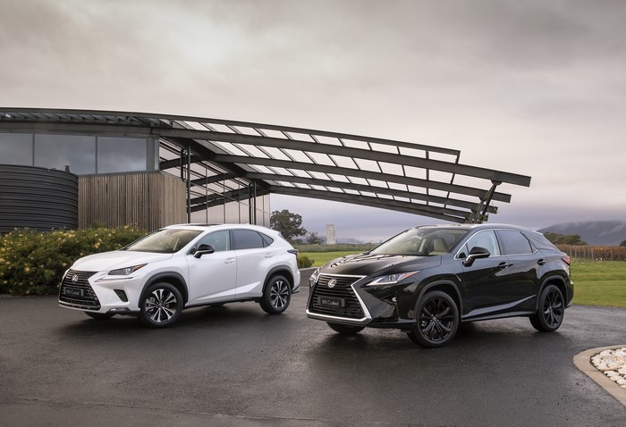 Two Lexus NX and RX cars parked outside a building