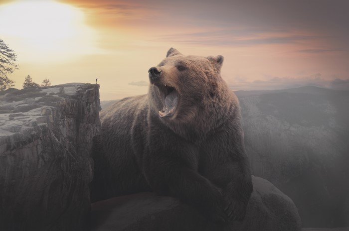 Giant Bear Yawning on a Cliff at Sunset