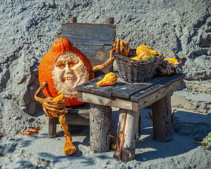 Carved Pumpkin Old Man with Gourds and Wicker Basket