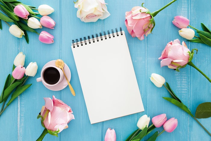 Coffee, Roses, Tulips, Notepad on Blue Wood Planks