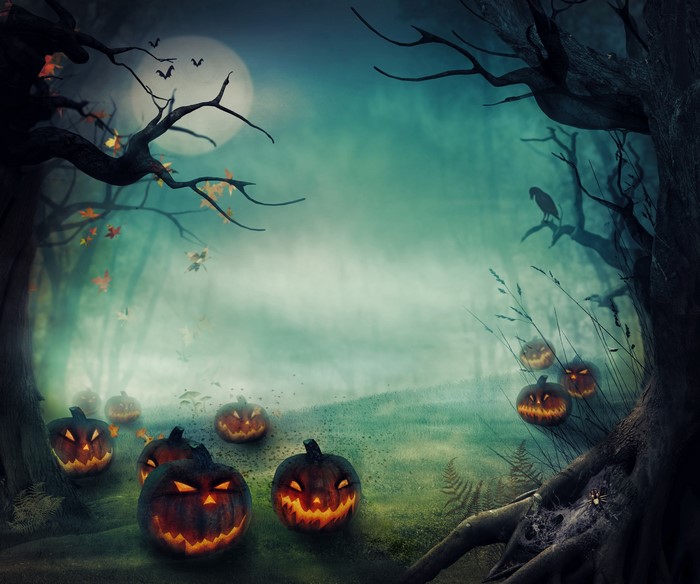 Halloween night with carved pumpkins in a foggy forest