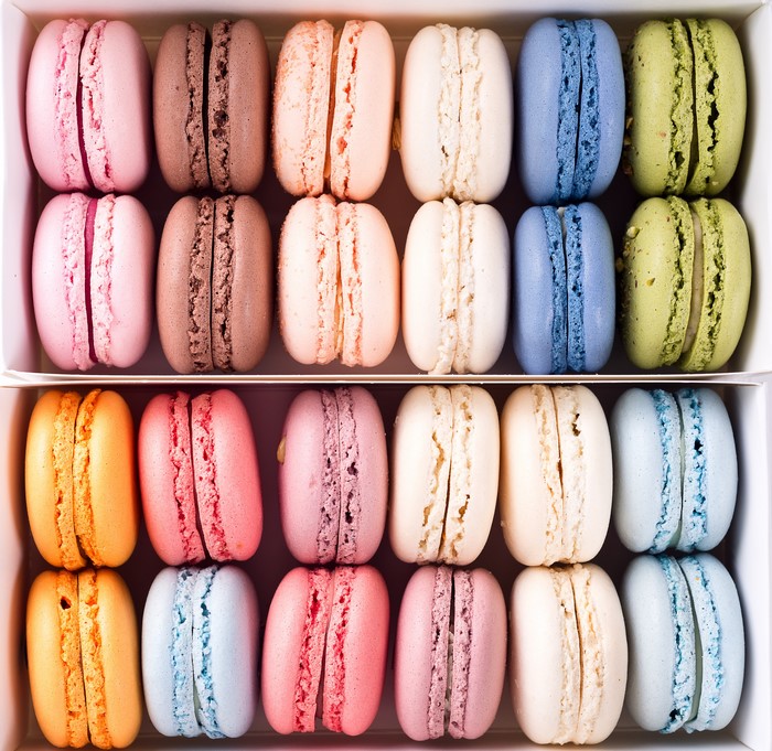 Assortment of colorful macarons in a box