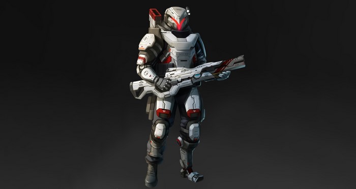 Soldier in futuristic armor holding a rifle