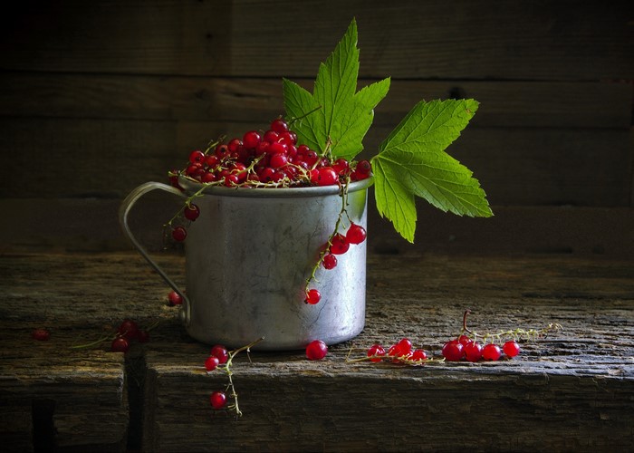 Red currants in a metal mug with leaves