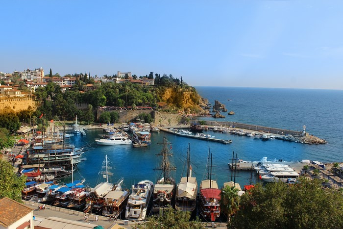 Boats docked in a harbor in Antalya, Turkey