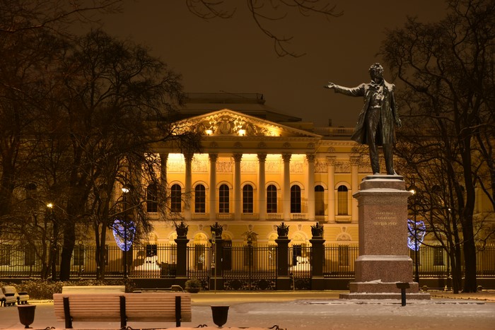 Monument to A.S. Pushkin in St. Petersburg at night