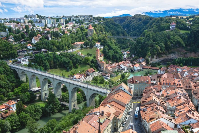 Fribourg, Switzerland: Cityscape with Bridges and River
