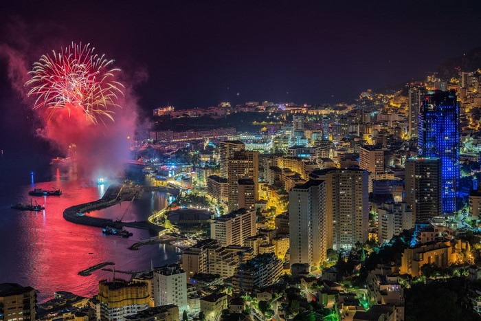 Fireworks over Monaco Bay at Night