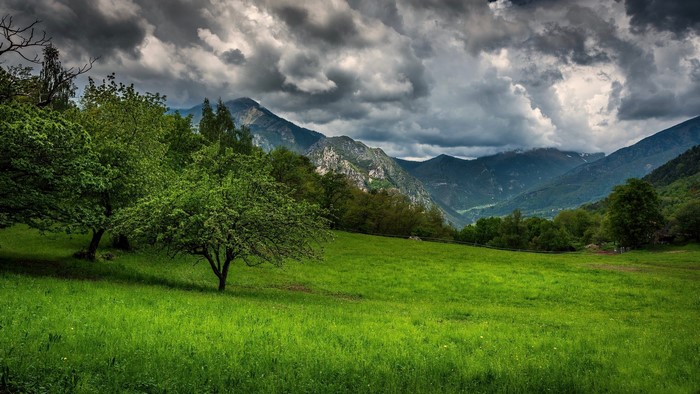 Green Meadow with Mountains and Stormy Sky