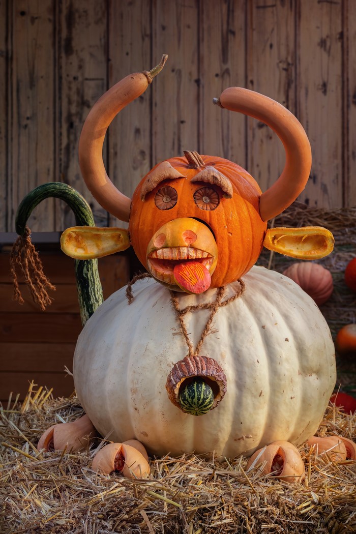Creative pumpkin bull sculpture on straw