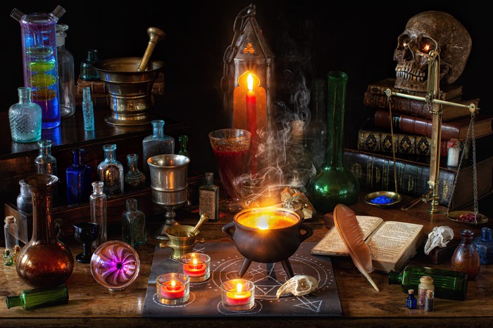 Halloween Altar with Skull, Candles, and Potions