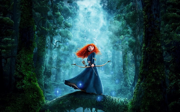 Merida from Brave holding a bow and arrow in a forest