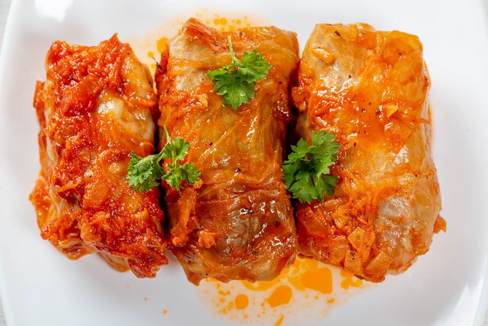Three Cabbage Rolls with Tomato Sauce