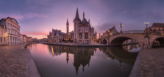 Ghent, Belgium: Graslei Quay and Leie River at Dusk