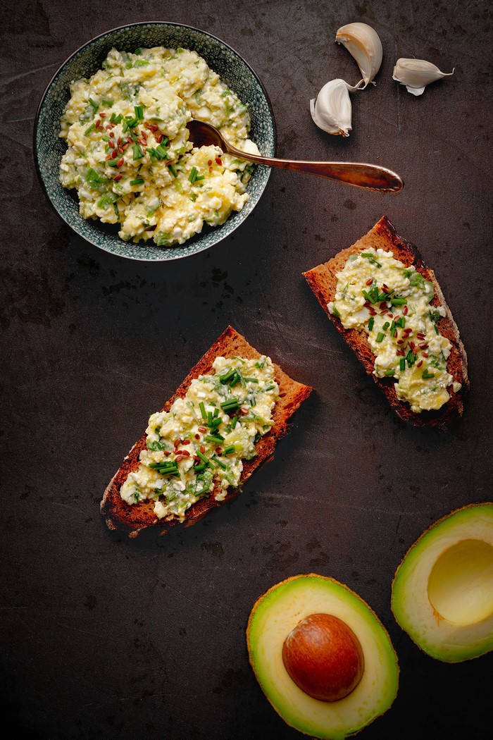 Potato and Egg Salad on Toast with Avocado and Garlic