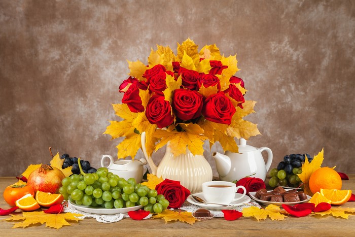 Still-life with Roses, Grapes, and Autumn Foliage