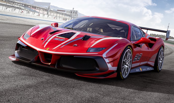Red Ferrari 488 Challenge Evo race car on track
