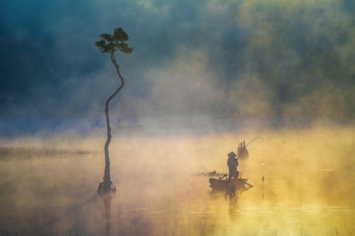 Fisherman in a boat on a foggy lake with a tree