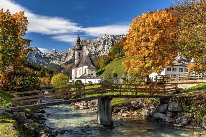 Church in Ramsau, Germany with Mountains and Autumn Trees