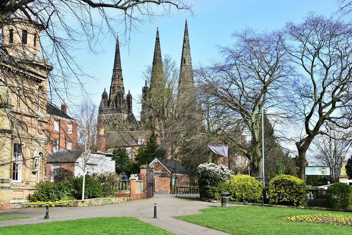 Lichfield Cathedral and park in England