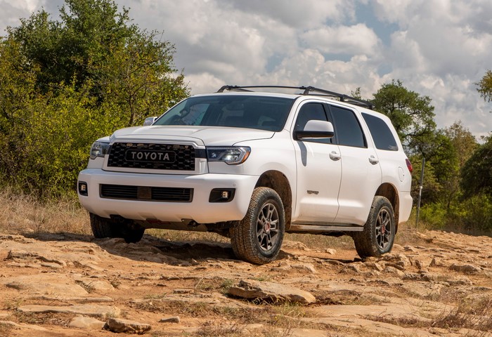 White 2020 Toyota Sequoia TRD Pro SUV on rocky terrain