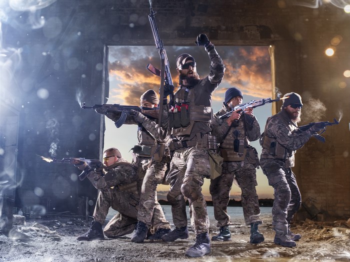 Soldiers with Assault Rifles in Ruined Building