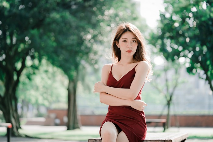 4K, Asian, Bokeh, Sitting, Dress, Hands, Brown haired, Glance, HD ...