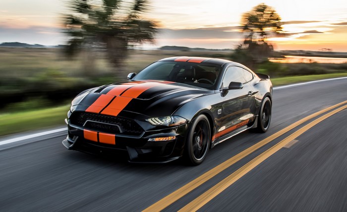 4K Black Ford Mustang GT-S 2019 with Orange Stripes