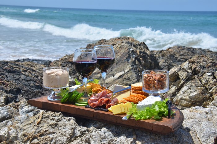 Picnic with Wine and Cheese by the Ocean
