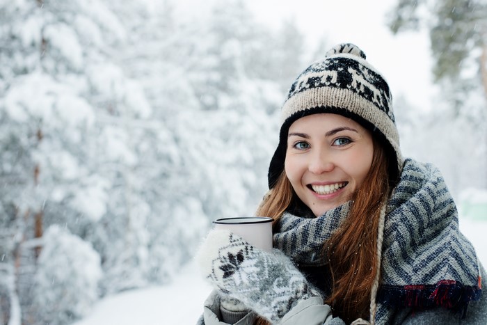 Woman in Winter Hat and Mittens Holding Mug